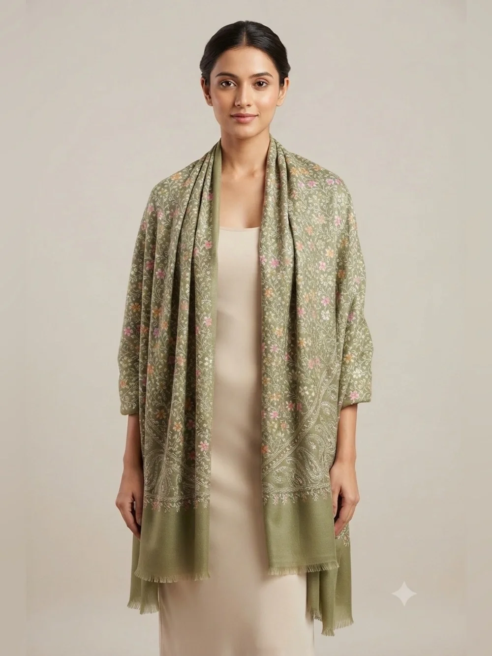 Olive Green Floral Embroidered Pashmina Shawl / Wrap / Scarf | Soft Winter Stole